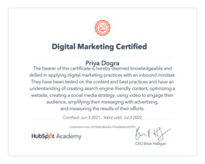 Digital Marketing Certified HubSpot Certificate