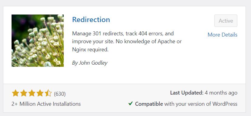 Redirection plugin used under WordPress for URL redirects