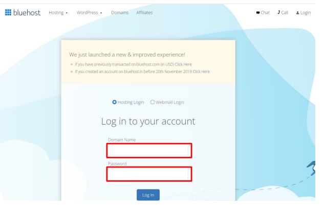 log in Bluehost (connect domain with hosting)